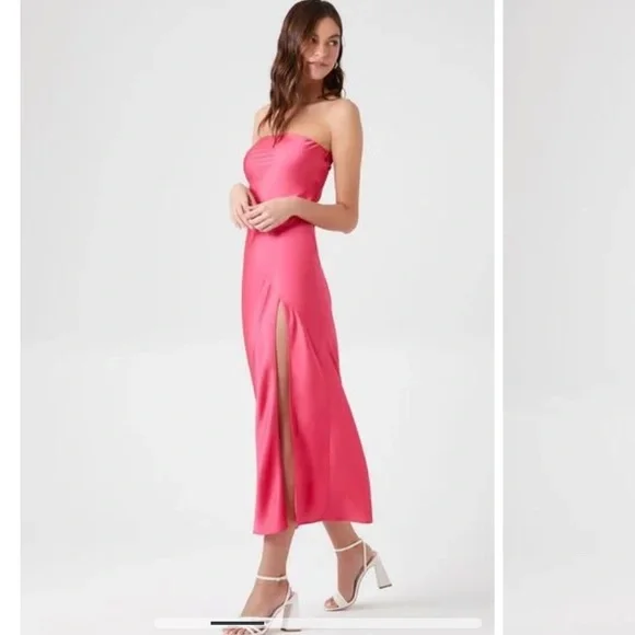 Forever 21 | Dresses | Forever 2 Pink Satin Midi Dress With Slit | Poshmark